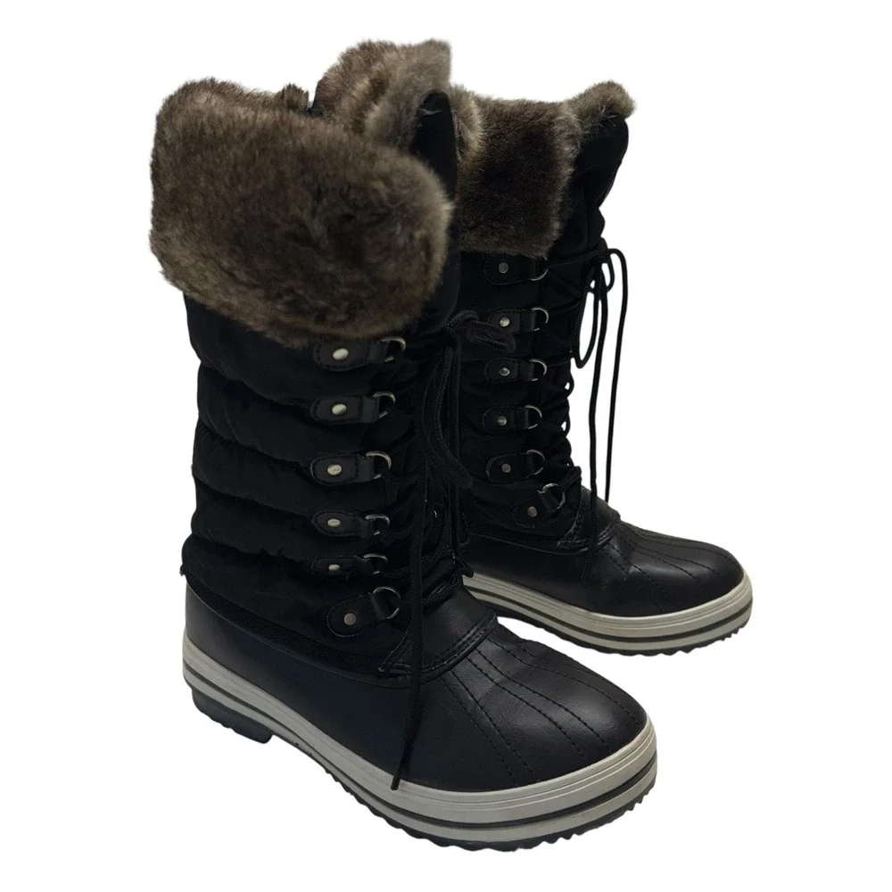 Polar Black Brown Quilted Faux Fur Mid Calf Waterproof Winter Boots‎ Sz 6 S5